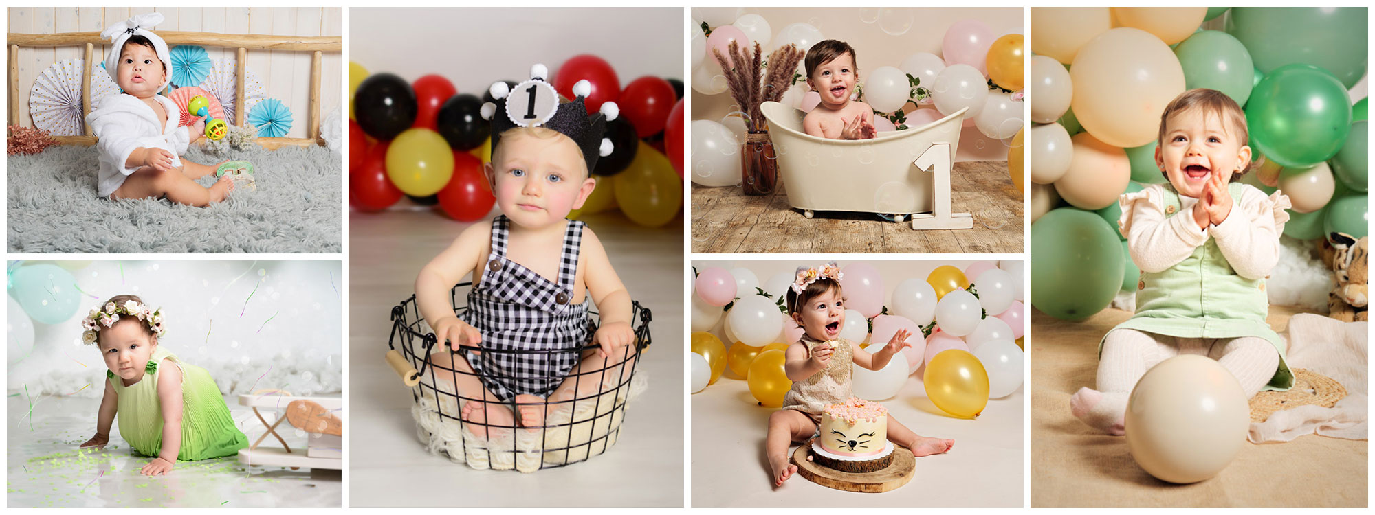 Ejemplos de sesiones de fotos smash cake para bebés de primer cumpleaños