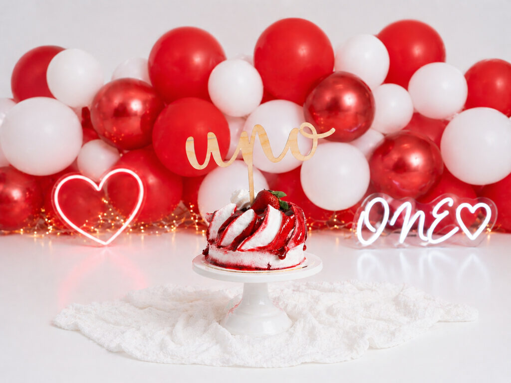 Decorado rojo para sesión smash cake minimalista en Barcelona