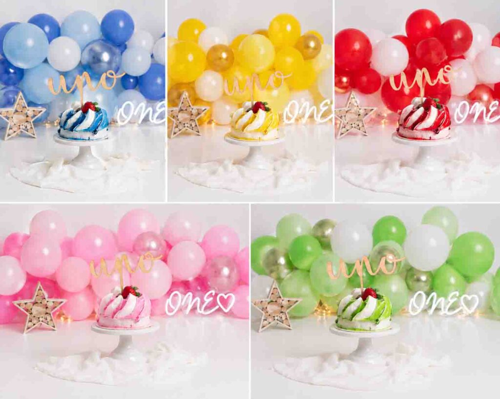 Diferentes colores para sesión smash cake minimalista en Barcelona
